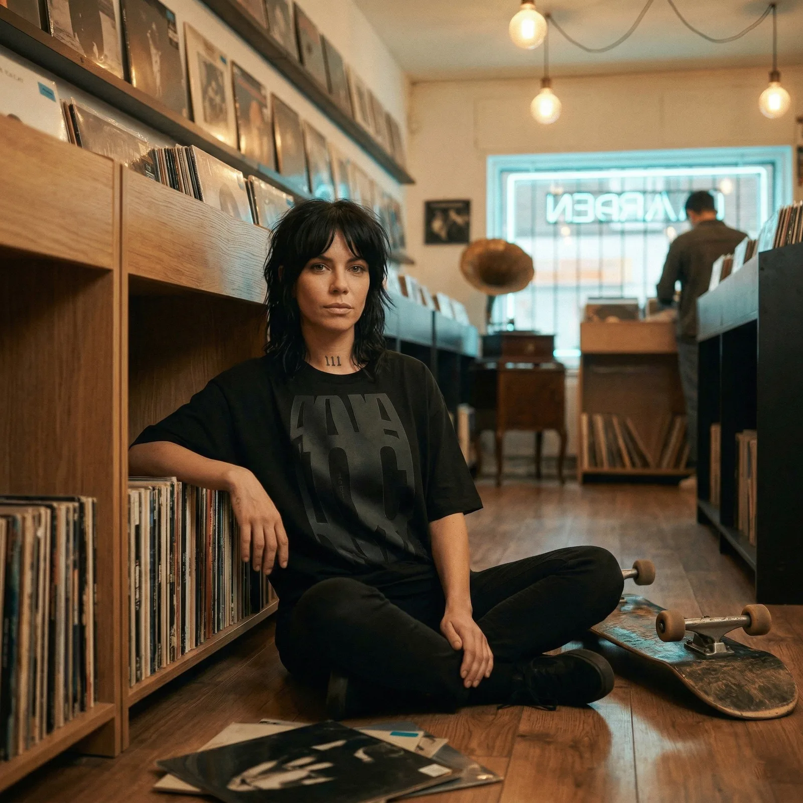 A woman in an Analogism T-shirt sits among vinyl records with a skateboard in a warm record shop